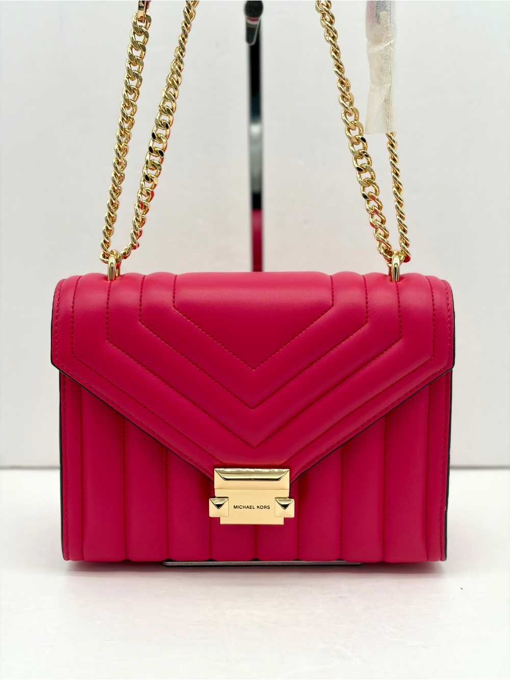 Michael Kors Hot Pink Quilted Chain Shoulder Bag Crossbody Electric Pink - Picture 2 of 9